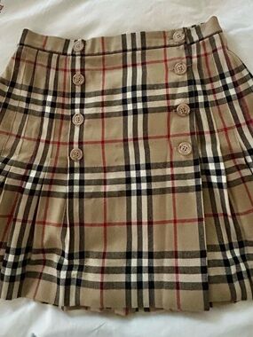 Burberry Beige Plaid Pleated Mini Skirt with Button Detail